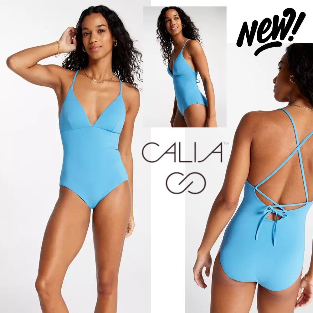 NEW NWT $88 CALIA Women's Swim Triangle Strappy Back Sky Blue One Piece Swimsuit
